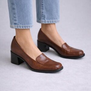 Vintage A la Folie Brown Leather Square Toe Block Heel Loafers Made in Brazil